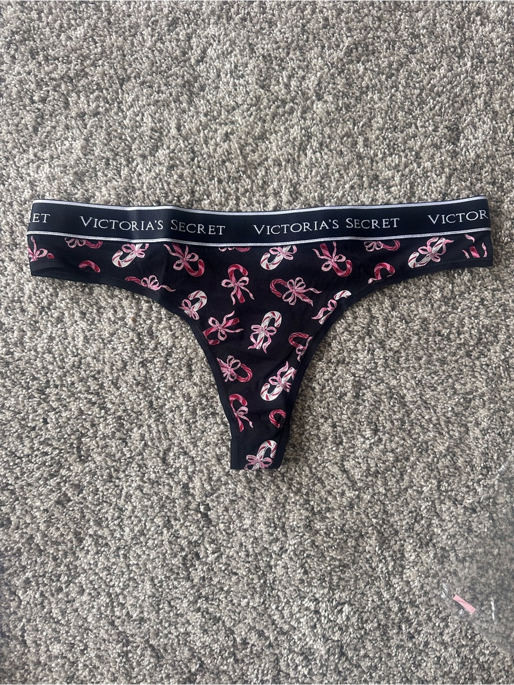 Victoria's Secret Candy Cane Black Thong with Pink Print